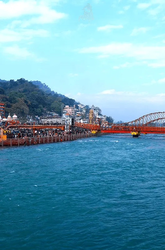 Haridwar ghats and bridges along the Ganga, where Kumbh hotels and camps sit