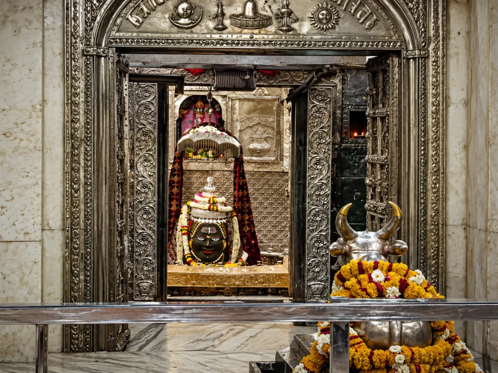 The Mahakaleshwar Jyotirlinga decorated in the silver-framed sanctum, Ujjain
